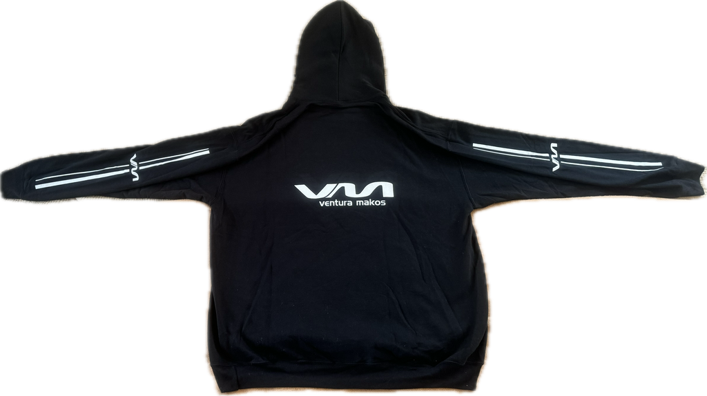 (Black) Hoodie Sweatshirt w/ VM logo and White Striped Sleeve Design
