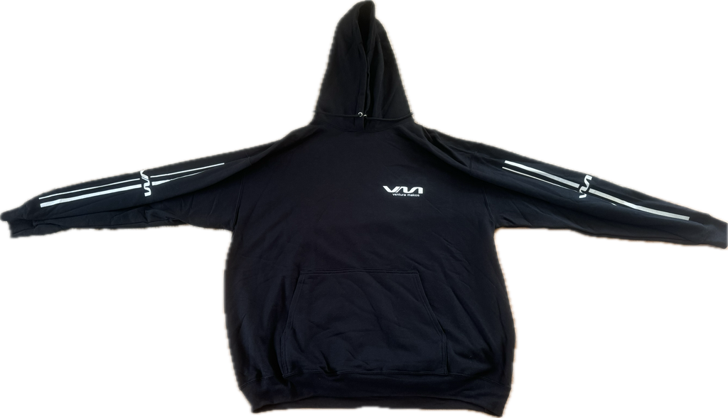 (Black) Hoodie Sweatshirt w/ VM logo and White Striped Sleeve Design