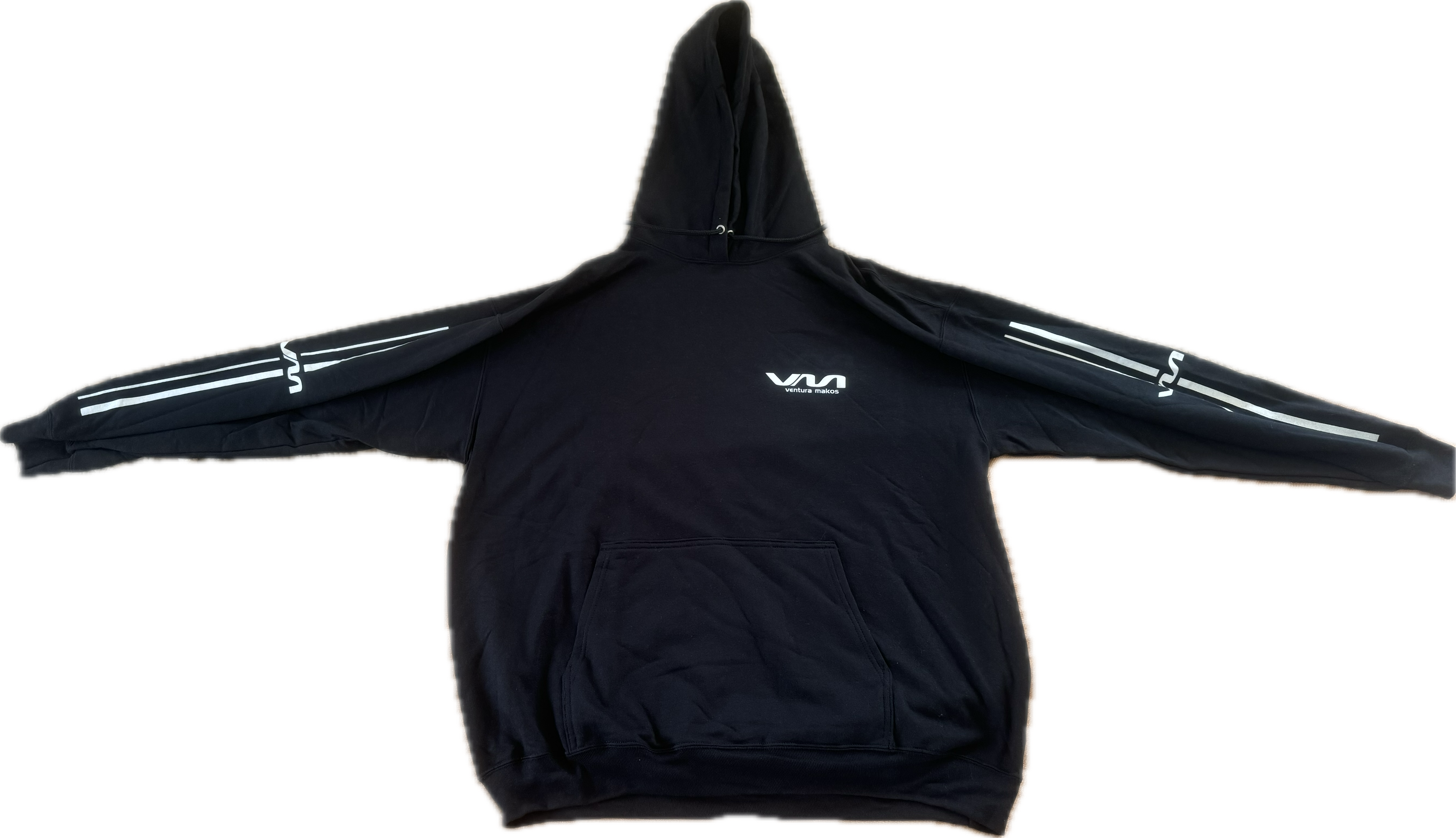 (Black) Hoodie Sweatshirt w/ VM logo and White Striped Sleeve Design